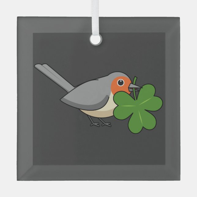 Niedlicher Robin mit Kleeblatt Clover Cartoon Ornament Aus Glas (Vorderseite)
