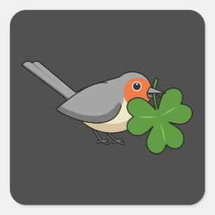 Niedlicher Robin mit Kleeblatt Clover Cartoon Quadratischer Aufkleber