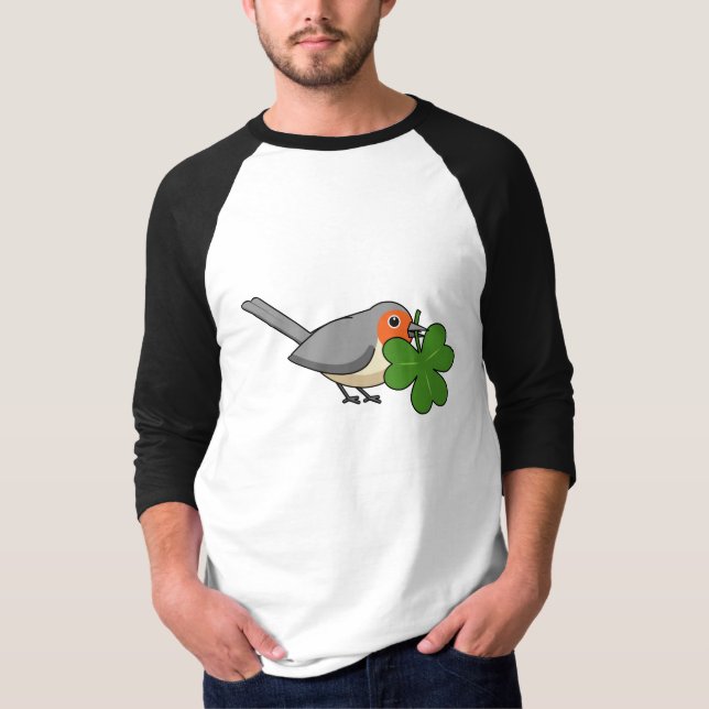 Niedlicher Robin mit Kleeblatt Clover Cartoon T-Shirt (Vorderseite)