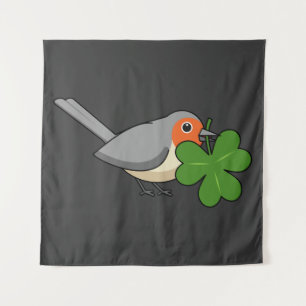 Niedlicher Robin mit Kleeblatt Clover Cartoon Wandteppich