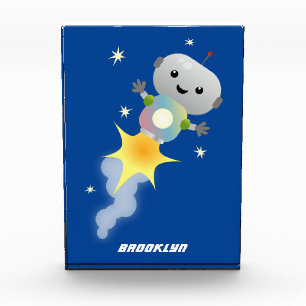 Niedlicher Roboter, der im Weltraum Cartoon fliegt Fotoblock