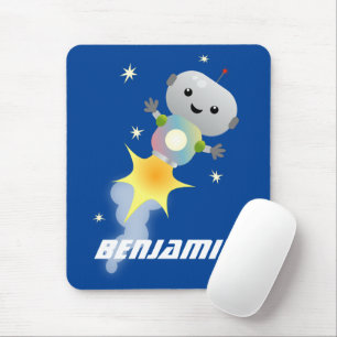 Niedlicher Roboter, der im Weltraum Cartoon fliegt Mousepad
