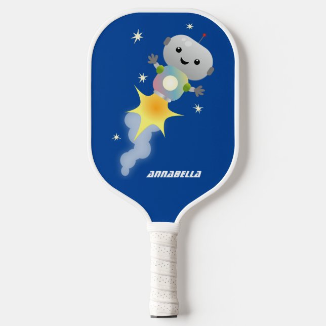 Niedlicher Roboter, der im Weltraum Cartoon fliegt Pickleball Schläger (Vorderseite)