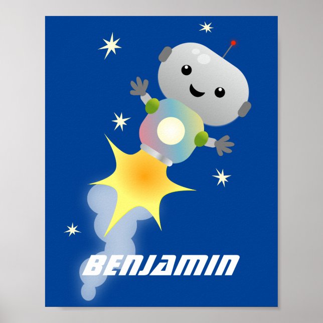 Niedlicher Roboter, der im Weltraum Cartoon fliegt Poster (Vorne)