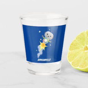 Niedlicher Roboter, der im Weltraum Cartoon fliegt Schnapsglas