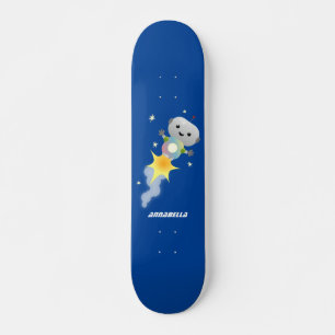Niedlicher Roboter, der im Weltraum Cartoon fliegt Skateboard