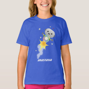 Niedlicher Roboter, der im Weltraum Cartoon fliegt T-Shirt