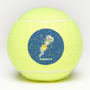 Niedlicher Roboter, der im Weltraum Cartoon fliegt Tennisbälle