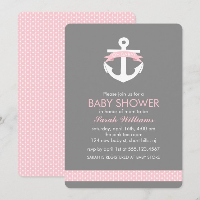 Niedlicher rosa Anker-Seemädchen-Baby-Dusche Einladung (Vorne/Hinten)