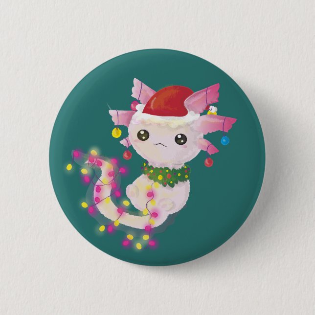 Niedlicher rosa Axolotl in den Weihnachtslichtern Button (Vorderseite)