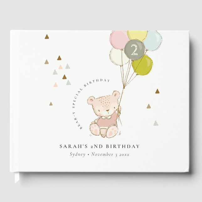 Niedlicher Rosa Blush Bärenballon jedes Alter Gebu Gästebuch (Vorderseite)
