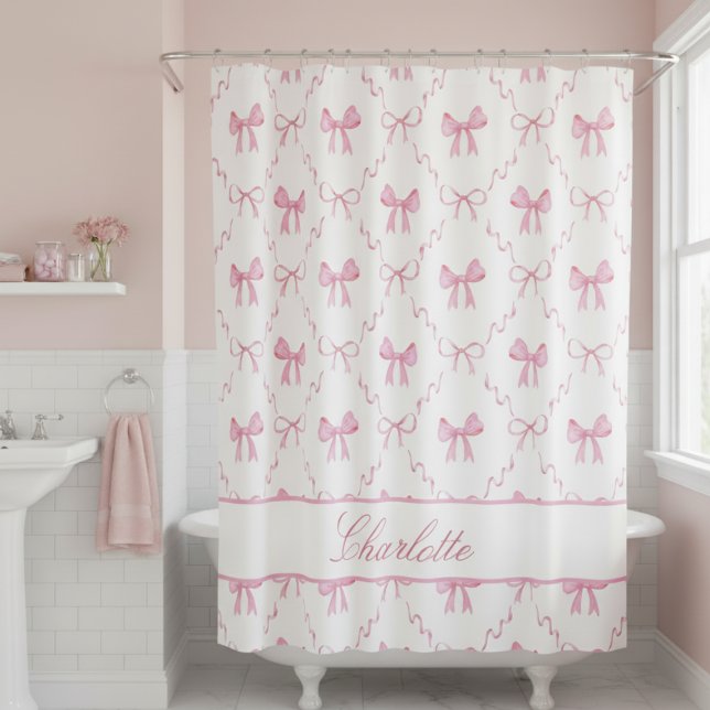 Niedlicher rosa Bogen Duschvorhang (sweet girly pink coquette bow shower curtain with custom name in calligraphy script for bathroom)