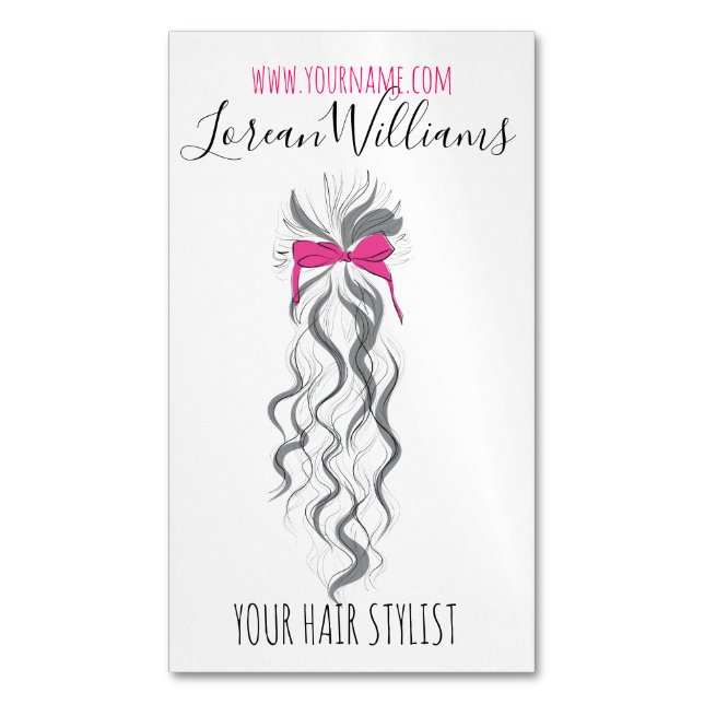 Niedlicher rosa Bow Graue und weiße Braiderhaare Magnetische Visitenkarte (Vorderseite Vertikal)
