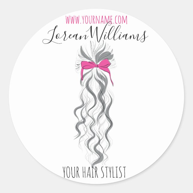 Niedlicher rosa Bow Graue und weiße Braiderhaare Runder Aufkleber (Vorderseite)