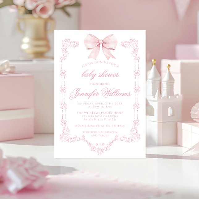 Niedlicher rosa Bow Preppy Coquette Baby Girl Dusc Einladung (Von Creator hochgeladen)