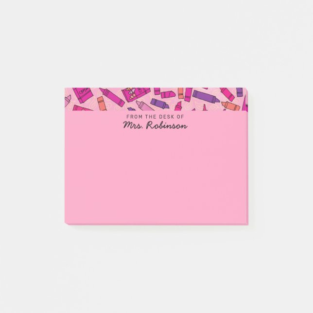 Niedlicher rosa Crayons Lehrer Von der Schreibtisc Post-it Klebezettel (Vorderseite)