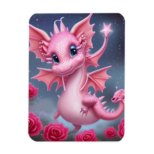 Niedlicher rosa Drache mit rosa Blume Magnet (Vertikal)