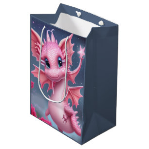 Niedlicher rosa Drache mit rosa Blume Mittlere Geschenktüte