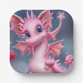 Niedlicher rosa Drache mit rosa Blume Pappteller