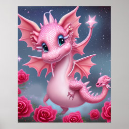 Niedlicher rosa Drache mit rosa Blume Poster