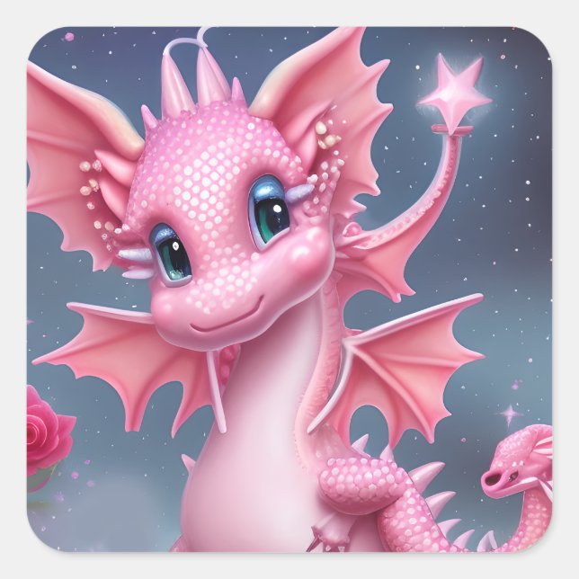 Niedlicher rosa Drache mit rosa Blume Quadratischer Aufkleber (Vorderseite)