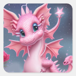 Niedlicher rosa Drache mit rosa Blume Quadratischer Aufkleber