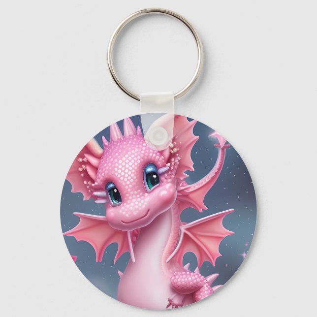 Niedlicher rosa Drache mit rosa Blume Schlüsselanhänger (Vorderseite)