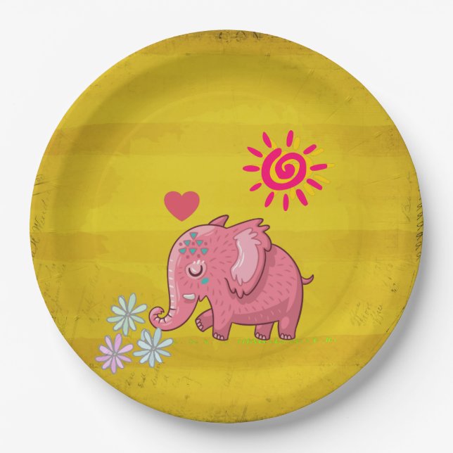Niedlicher rosa Elefant, der die Blume mit dem Her Pappteller (Vorderseite)