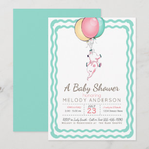 Niedlicher rosa Elephant und Balloons Babydusche Einladung