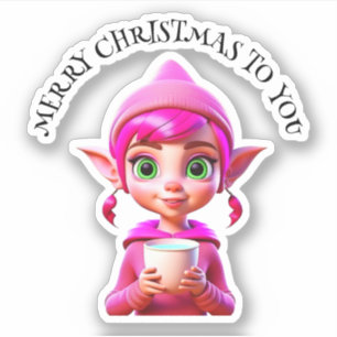Niedlicher Rosa Elf mit Kaffee oder Kakaowein Aufkleber