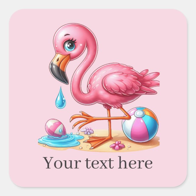 Niedlicher rosa Flamingo-Strand Sommer Quadratischer Aufkleber (Vorderseite)