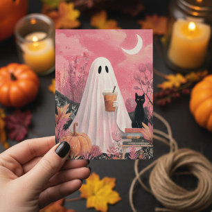 Niedlicher rosa Geist und Schwarze Katze Postkarte