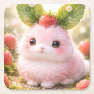 Niedlicher rosa Hase mit Erdbeere Rechteckiger Pappuntersetzer