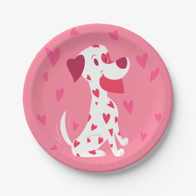 Niedlicher rosa Herzenvalentine-Dalmatiner Pappteller (Vorderseite)
