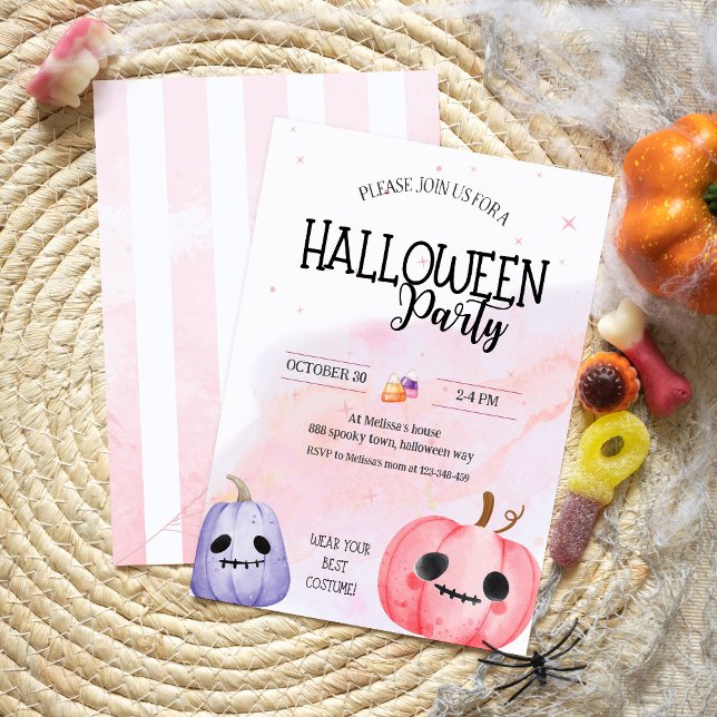 Niedlicher rosa Kürbis Aquarellkinder Halloween-Pa Einladung (Von Creator hochgeladen)