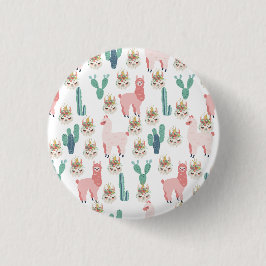 Niedlicher rosa Lama und grüner Kakteen Button