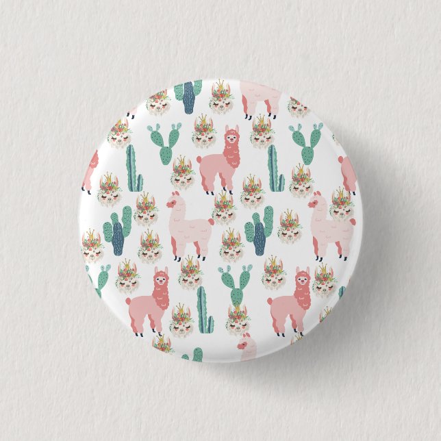 Niedlicher rosa Lama und grüner Kakteen Button (Vorderseite)
