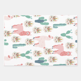 Niedlicher rosa Lama und grüner Kakteen Geschenkpapier Set