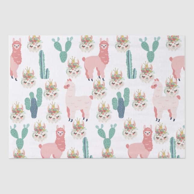 Niedlicher rosa Lama und grüner Kakteen Seidenpapier (Vorderseite)