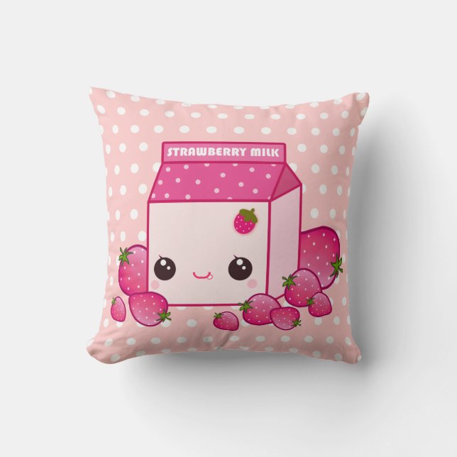 Niedlicher rosa Milchkarton mit kawaii Erdbeeren Kissen (Vorderseite)