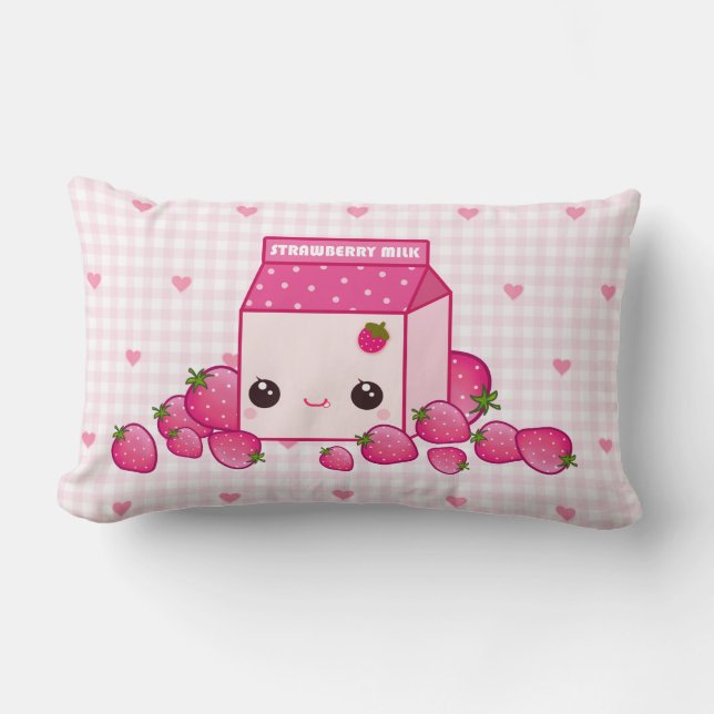 Niedlicher rosa Milchkarton mit kawaii Erdbeeren Lendenkissen (Vorderseite)