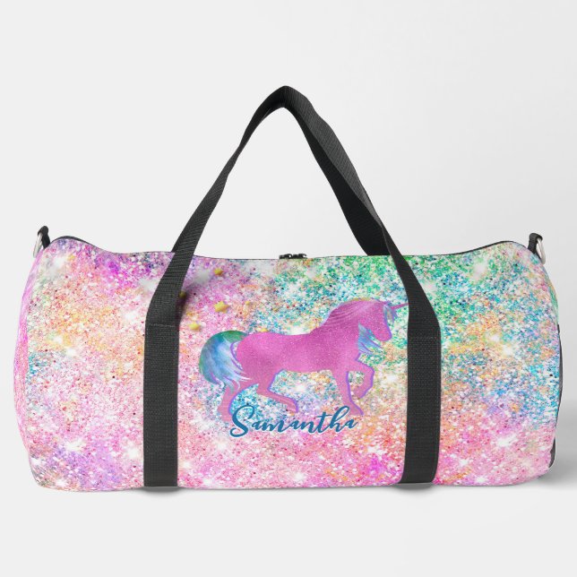 Niedlicher Rosa Regenbogen Einhorn Glitzer Duffle Bag (Vorderseite)