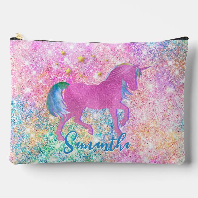 Niedlicher Rosa Regenbogen Einhorn Glitzer Zubehörtasche (Vorderseite)