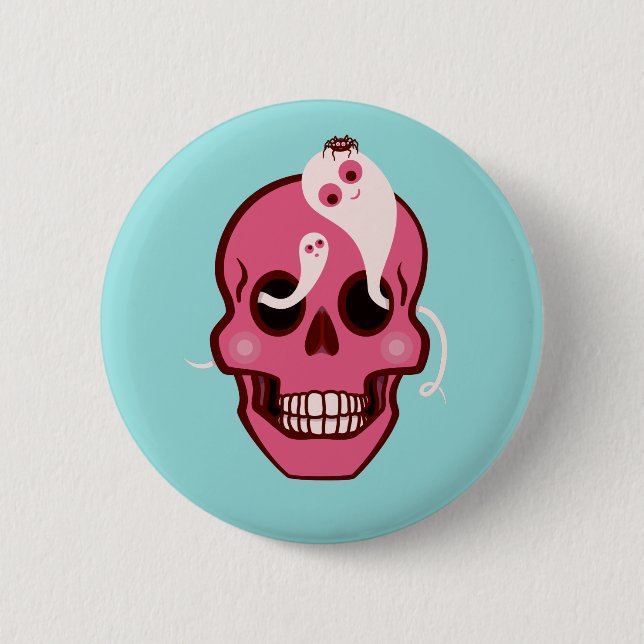 Niedlicher rosa Schädel mit Spinnen und Geistern i Button (Vorderseite)