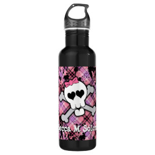 Niedlicher rosa Schädel und Knochen-Herz Trinkflasche