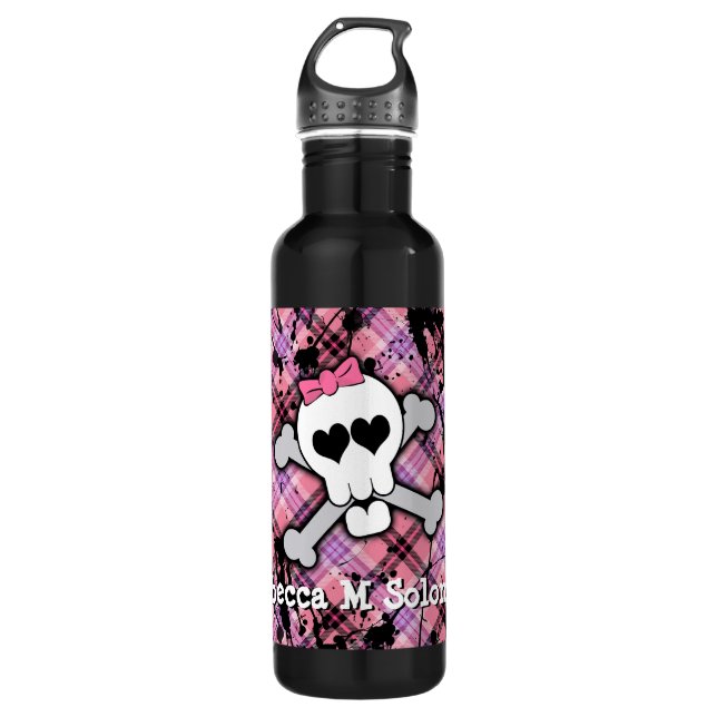 Niedlicher rosa Schädel und Knochen-Herz Trinkflasche (Vorderseite)