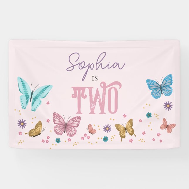 Niedlicher Rosa-Schmetterling-Kindergeburtstag Banner (Horizontal)