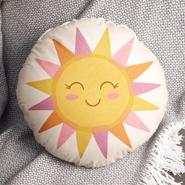 Niedlicher rosa Sonnenschein Lächeln Gesicht Rundes Kissen (Von Creator hochgeladen)