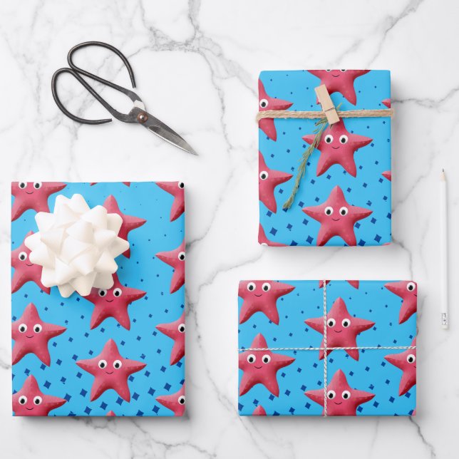 Niedlicher rosa Starfish Blauer Ozean Geschenkpapier Set (Vorderseite)