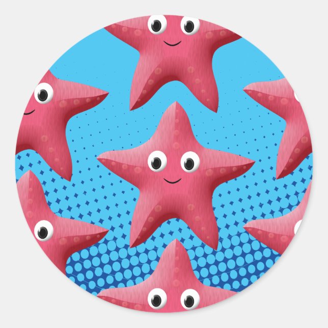Niedlicher rosa Starfish Blauer Ozean Runder Aufkleber (Vorderseite)